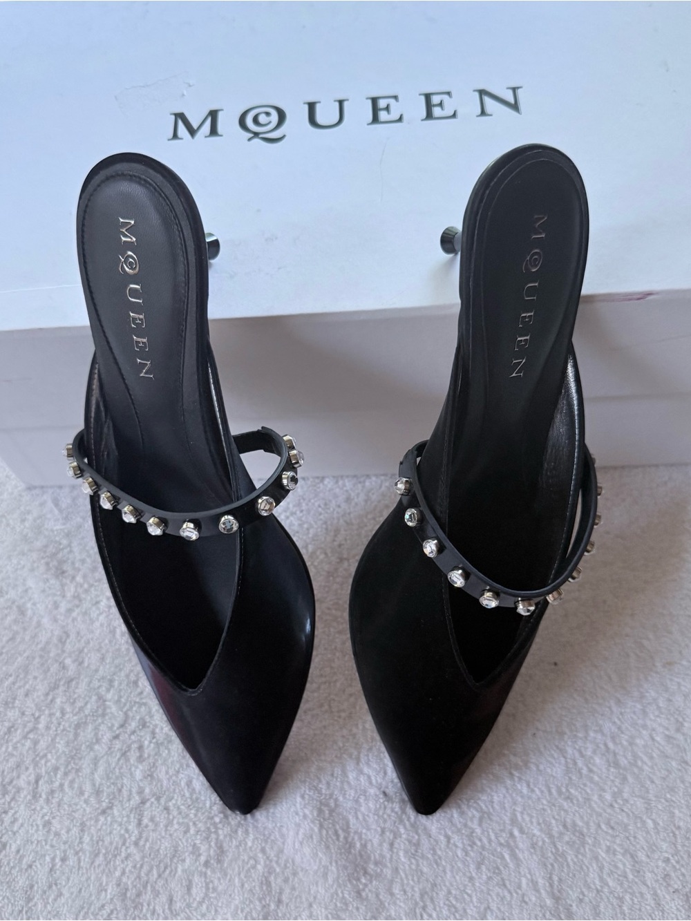 Alexander McQueen Black Pointed Slingback Mules with Crystal Strap